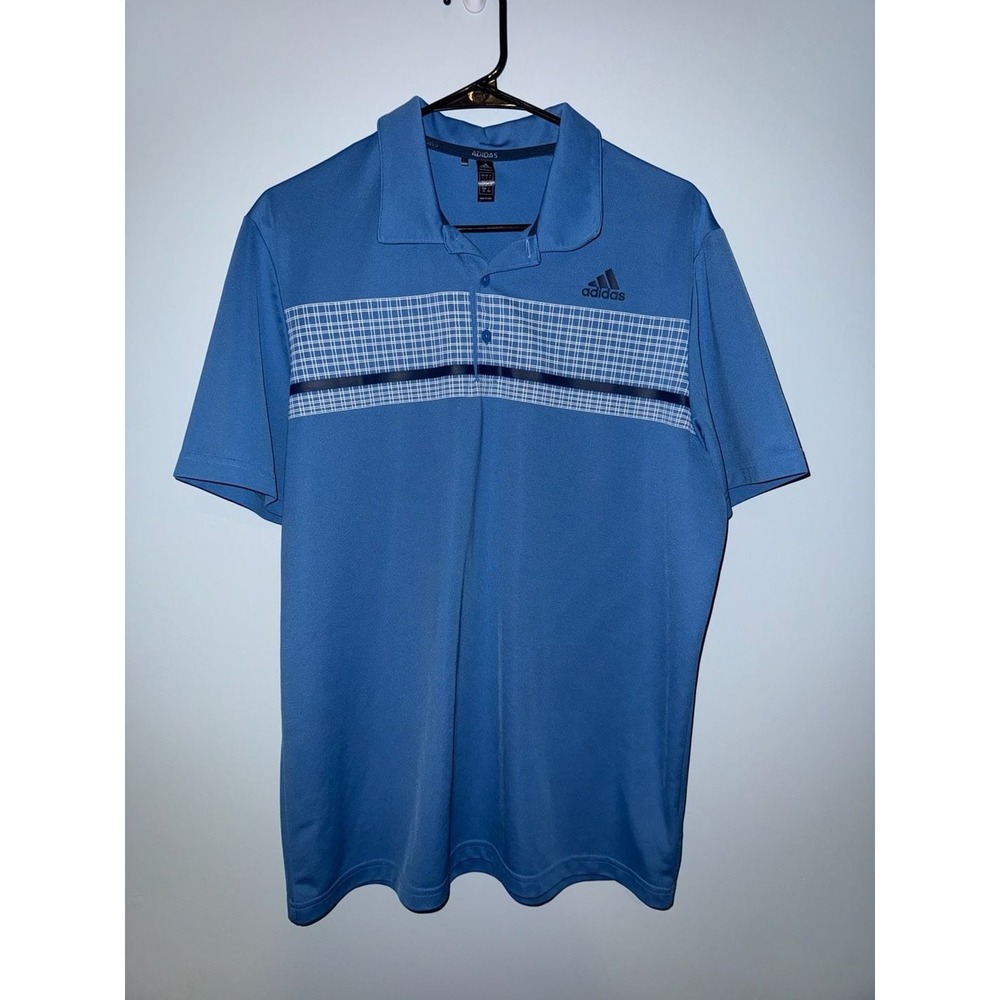 Adidas Mens Blue Plaid Graphic Golf Polo Shirt Large Short Sleeve Performance